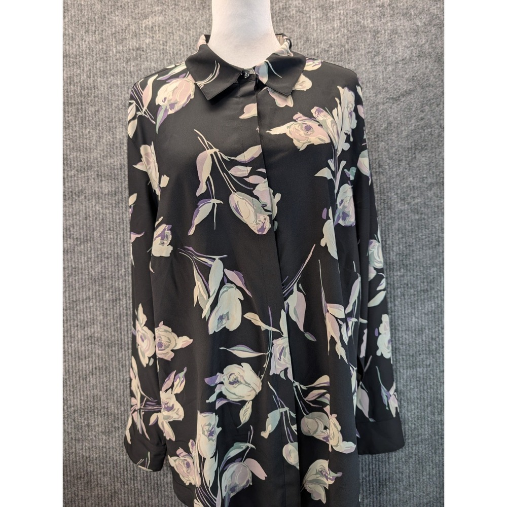 Lauren Ralph Lauren 2X Shirt Top Women Rose Floral Button Up Black Polyester